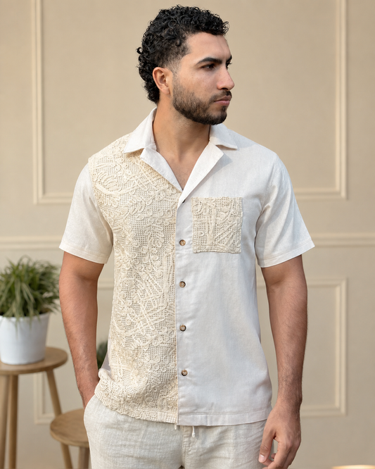 Camisa Cuello Solapa Lino Contraste Crochet — Ceiba