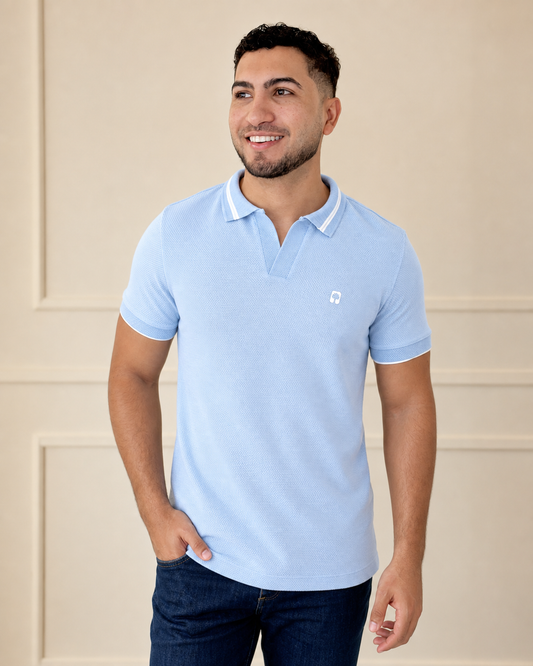 Polo textura Azul con cuello y puños Jacquard diseño— Ceiba