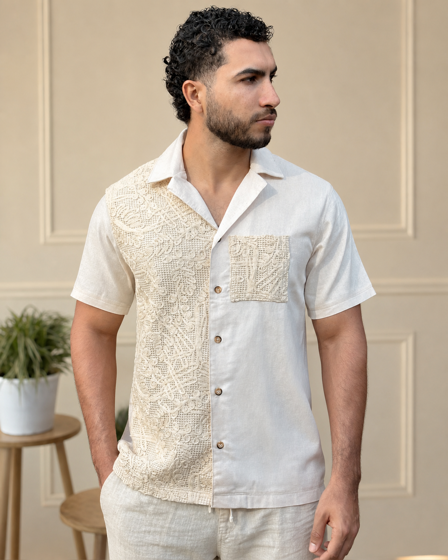 Camisa Cuello Solapa Lino Contraste Crochet — Ceiba