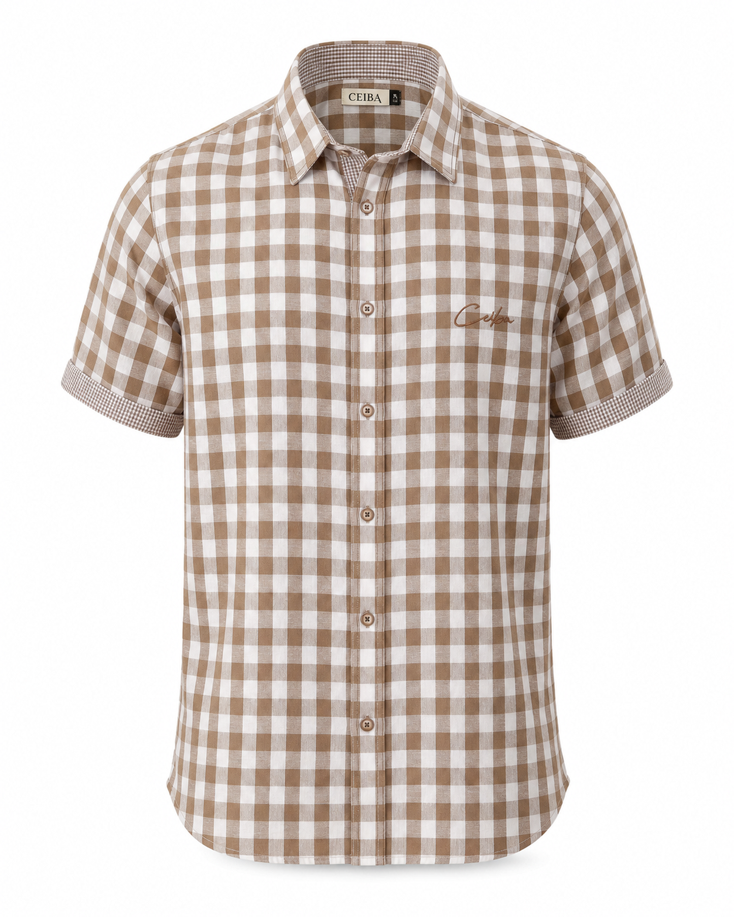 Camisa Manga Corta Lino Cuadros Atemporal Café — Ceiba