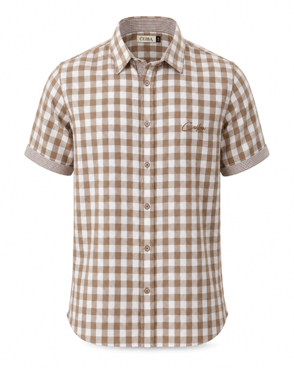 Camisa Manga Corta Lino Cuadros Atemporal Café — Ceiba