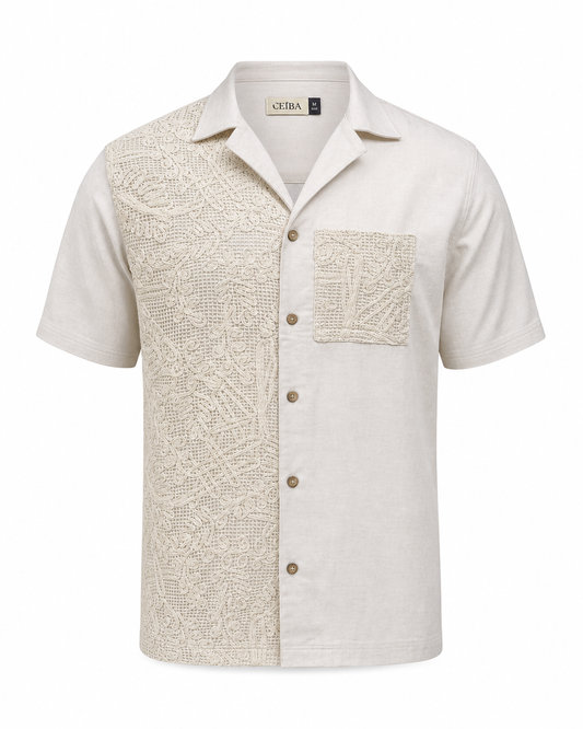 Camisa Cuello Solapa Lino Contraste Crochet — Ceiba