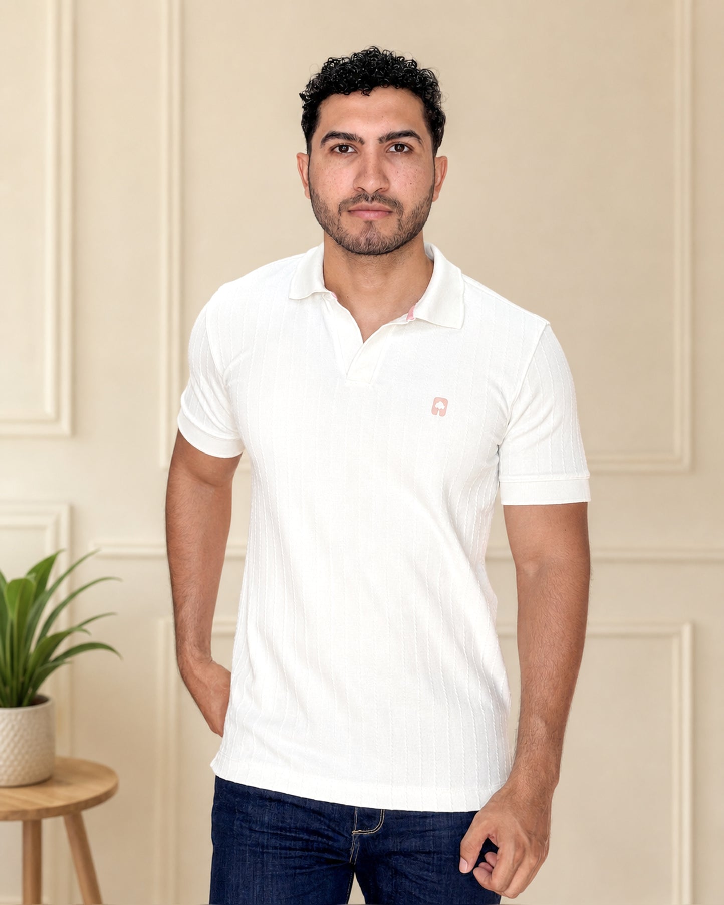 Polo textura Marfil Hiladilla Rosa - Ceiba