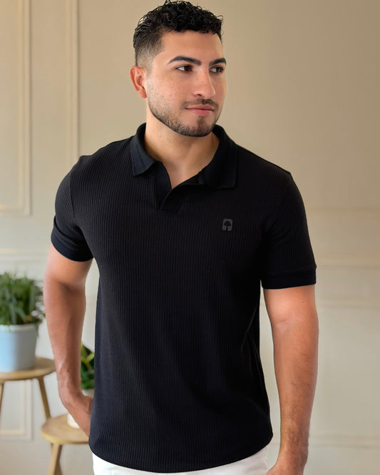 Polo textura Negro con cuello y puños Jacquard diseño — Ceiba