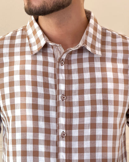 Camisa Manga Corta Lino Cuadros Atemporal Café — Ceiba