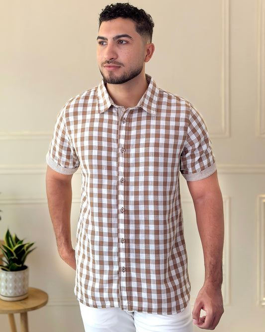 Camisa Manga Corta Lino Cuadros Atemporal Café — Ceiba