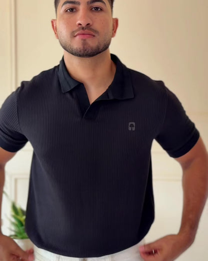 Polo textura Negro con cuello y puños Jacquard diseño — Ceiba